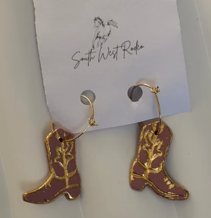 South West Rodeo Azalia Gold Plated Hoops Pink Cowboy Boot Handmade Earrings