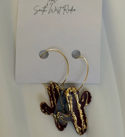 South West Rodeo Beatrice Gold Plated Hoops Burgundy Cactus Handmade Earrings