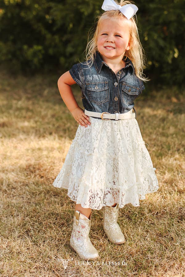 Lucky & Blessed DR715-G-DMLC Girls Denim & Lace Tiered Dress