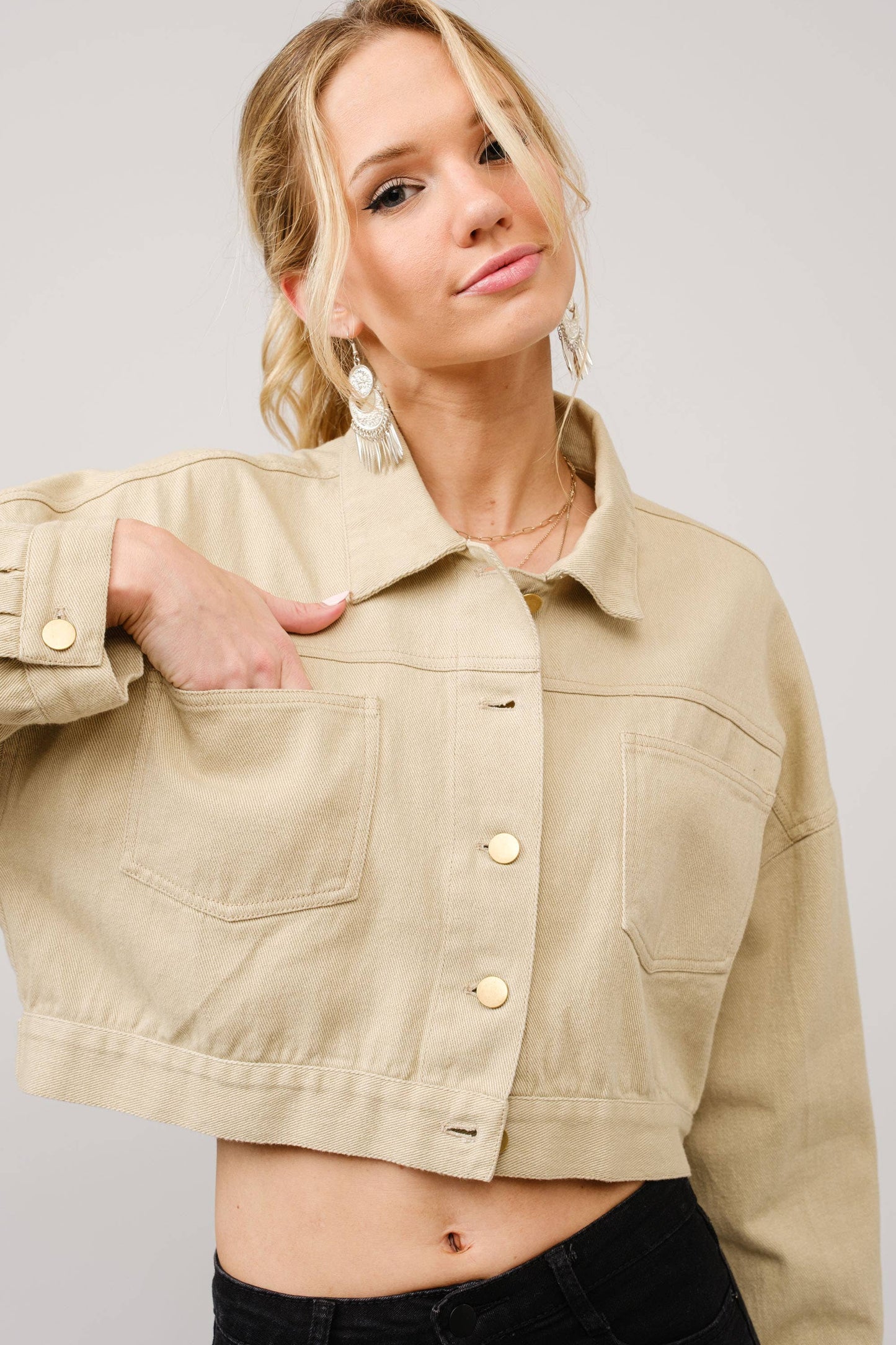 36341J - Long Live Cowgirls Patch Twill Denim Jacket in Taupe