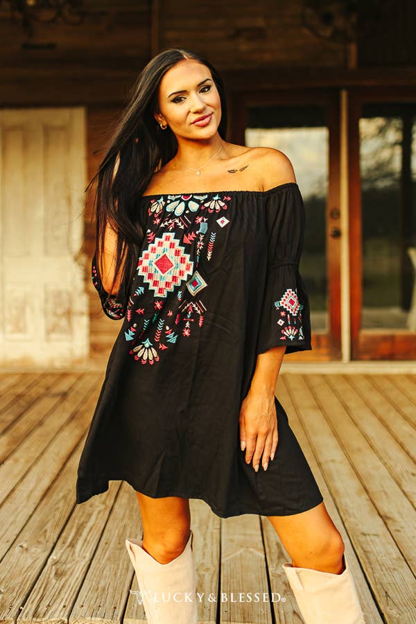 Black Aztec Embroidered Off Shoulder Dress: DR-007-BLK