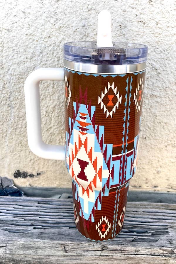 Brown Cream Aztec Printed Flip Straw Tumbler (40oz) TPH63-AZT
