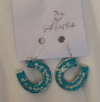 South West Rodeo Clementine Silver Plated Hoops Teal Horseshoe Handmade Earrings