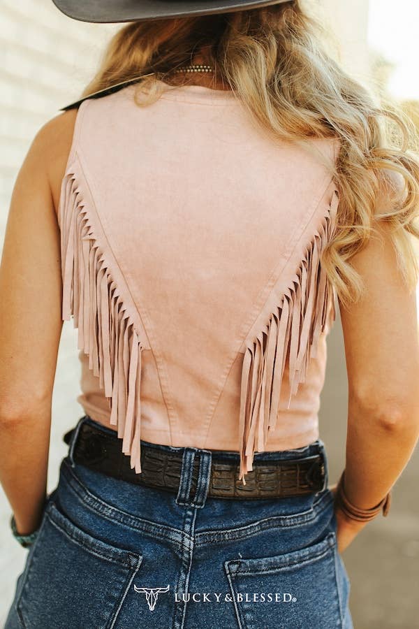 Lucky & Blessed Soft Pink Suede Front Arch Fringe Top TO894SPK