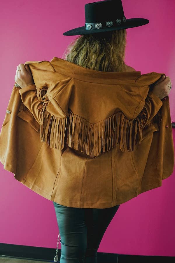 Plus Size Camel Concho Button Down Fringe Lapel Blazer JO036-CML-X