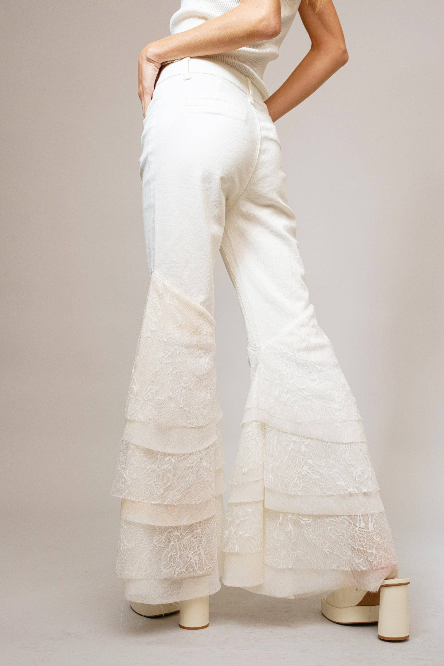 Blue B 15503P - Mid Rise Lace Tiered Flare Denim Jeans: White