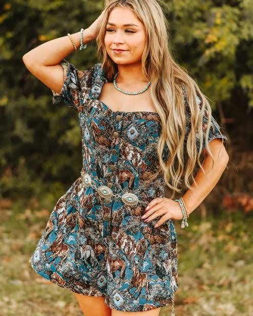 Lucky & Blessed JP-106 Brown Horse Jacquard Puff Sleeve Western Romper