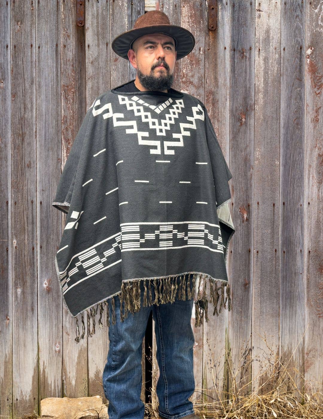 Western Style Cotton Poncho, Design Grey 3:1