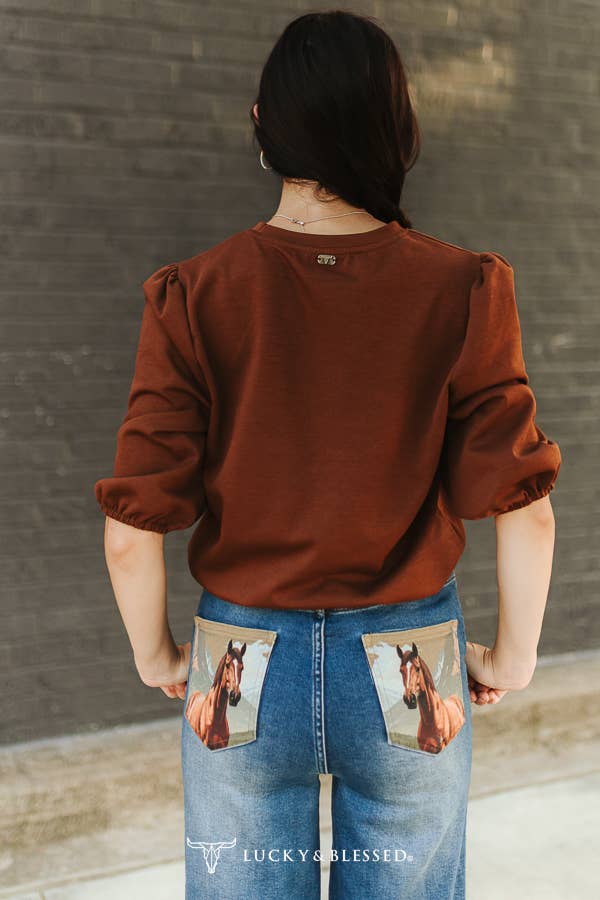 Lucky & Blessed TO1527 BRHA Brown Studded Cowboy Hat Printed Puff Sleeve Top