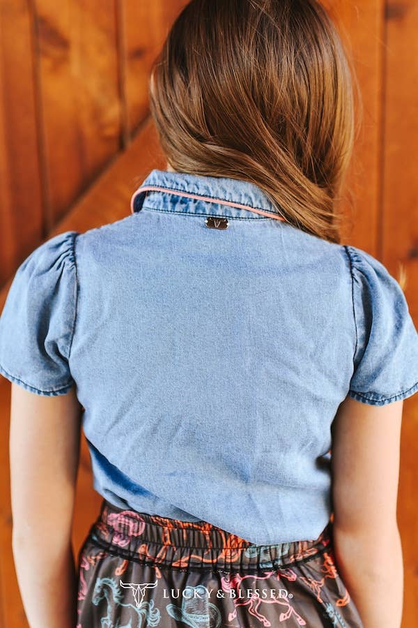 Lucky & Blessed TO1250-G-MW Girls Mid Wash Denim Puff Short Sleeve Western Pink Shirt