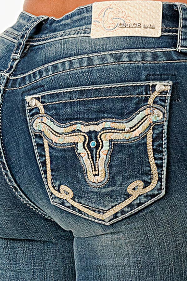 Grace In LA Steer Head Stitches Mid Rise Skinny Jeans EN-51980