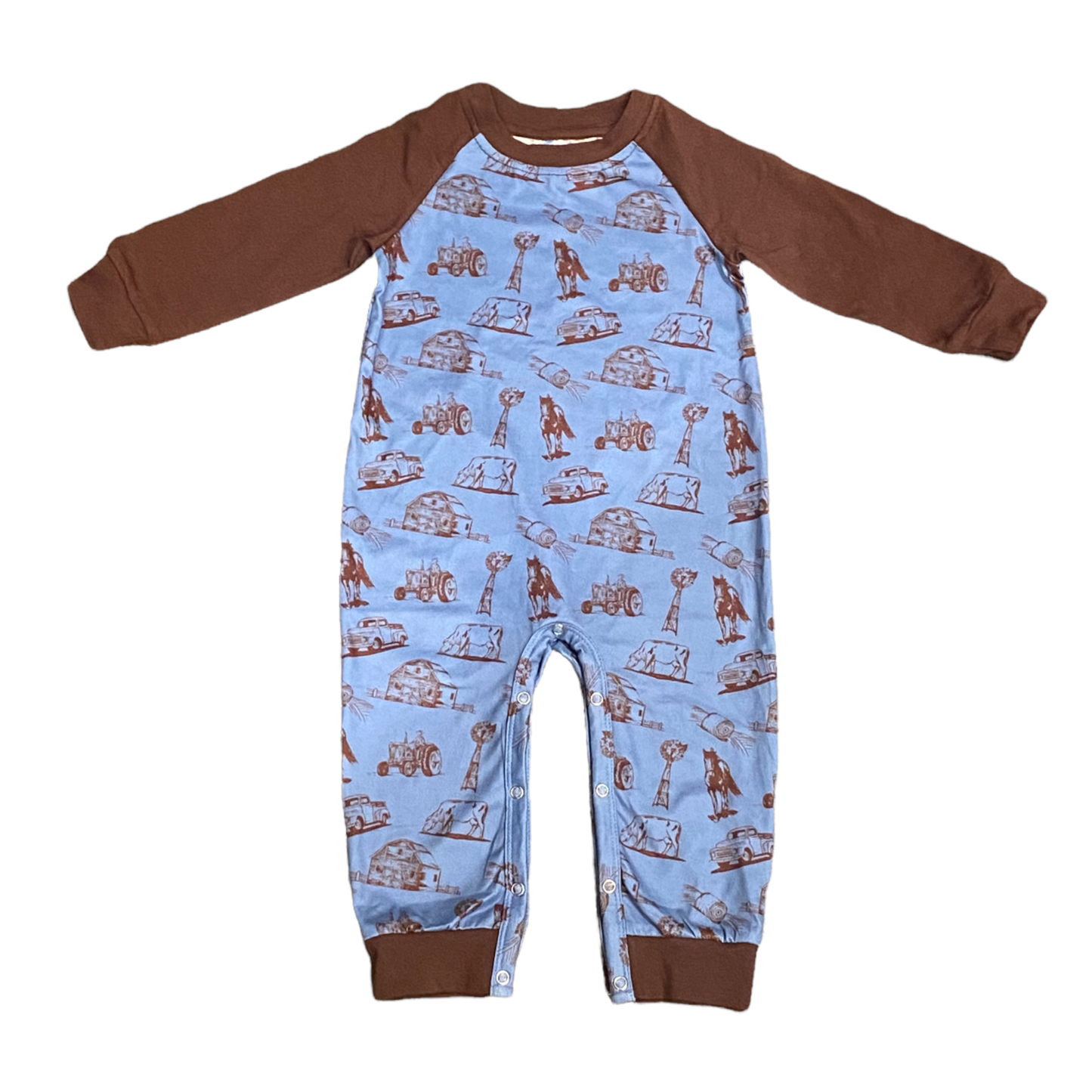 Shea Baby Long Sleeve Boys Romper- Farm Print LSROM04