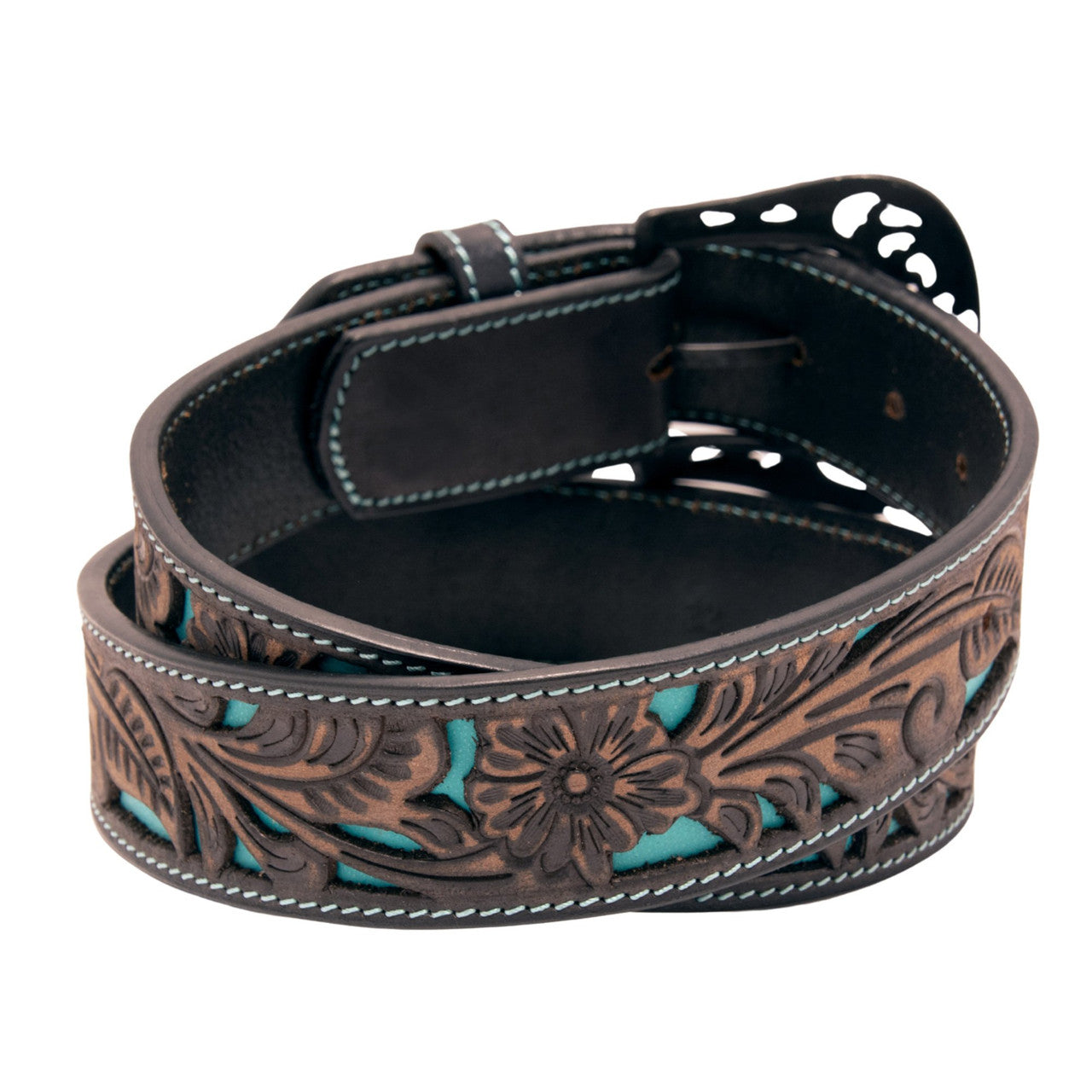 Western Express XM4400-BK08S in Black/Brown Floral Tooled Cutout Top Grain Leather Belt