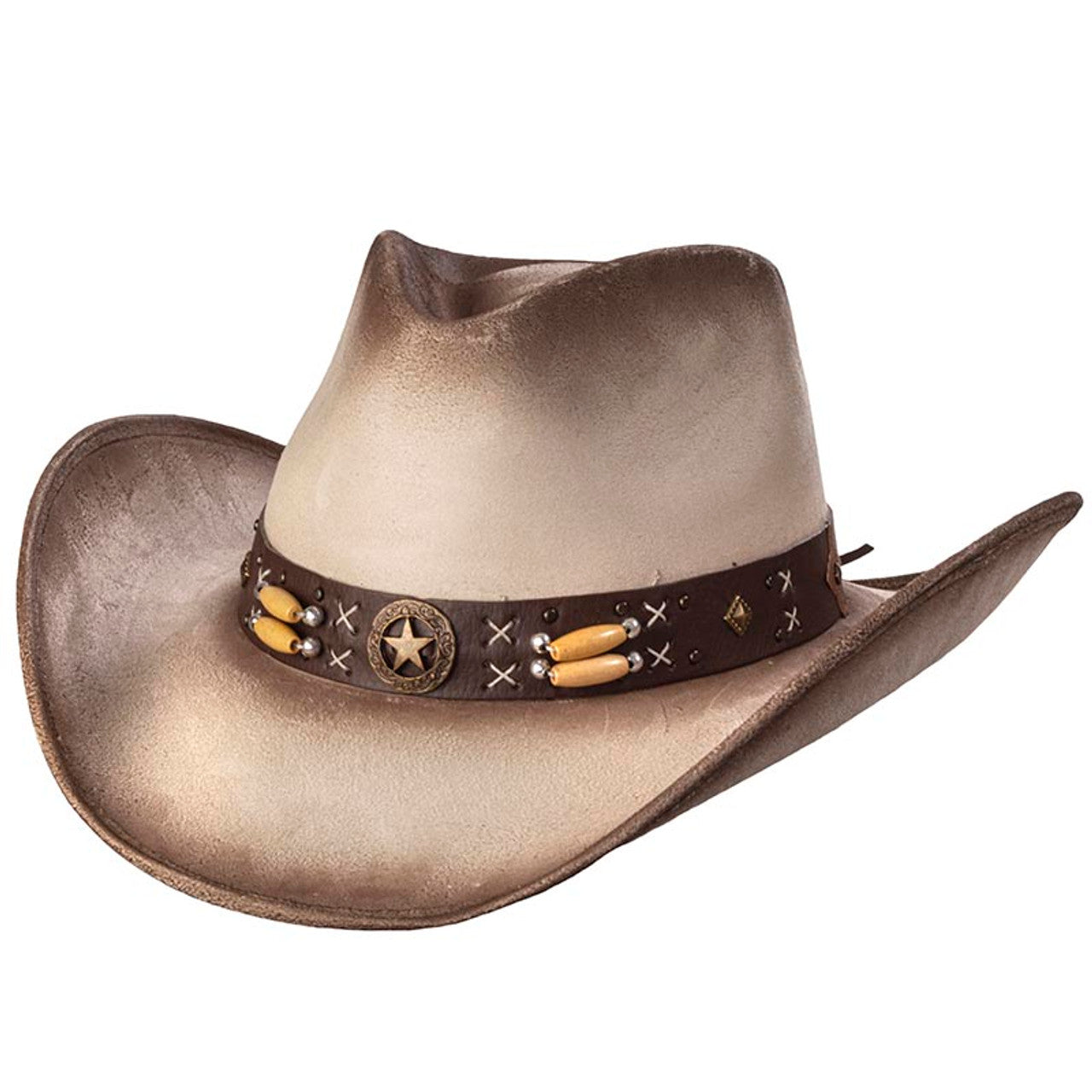 Western Express CL-91 Suede Like Hat - Star Concho - Beige & Buff