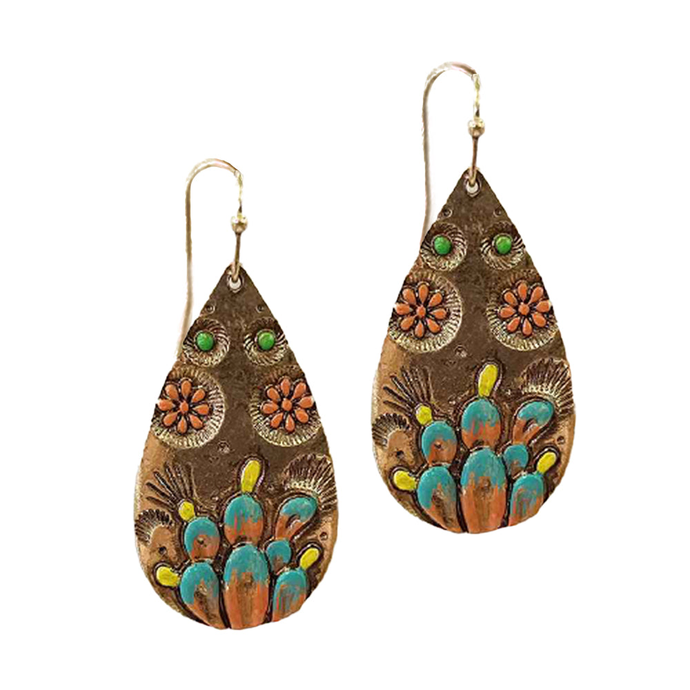 WE E-6692 Cactus Engraved Teardrop Earrings