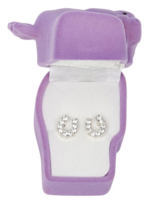 Western Express HE-500 Clear Rhinestone Horseshoe Earrings in a Horsehead Shaped Gift Box