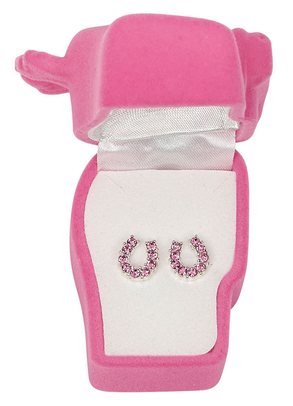Western Express HE-600 Pink Rhinestone Horseshoe Earrings - Horse Head Gift Box