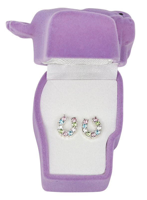 Western Express HE-700 Multi Coloured Rhinestone Horseshoe Earrings in a Horsehead Shaped Gift Box