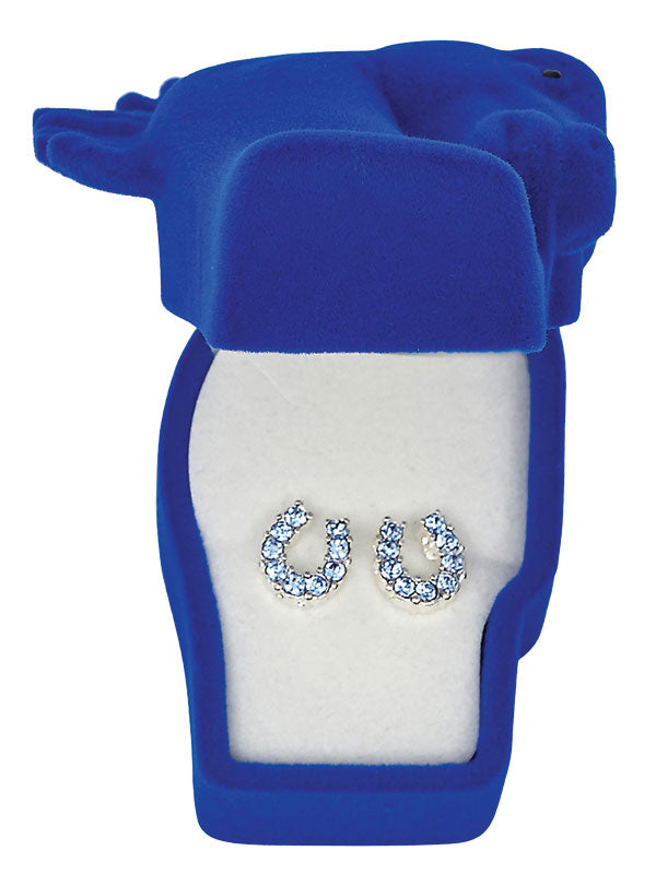 Western Express HE-898 Blue Rhinestone Horseshoe Earrings - Horse Head Gift Box