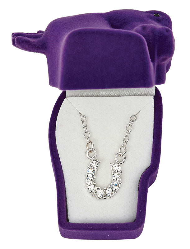 Western Express HN-1 Clear Rhinestone Horseshoe Necklace in a Horsehead Shaped Box