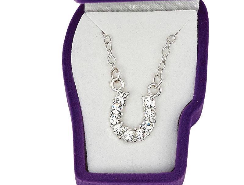 Western Express HN-1 Clear Rhinestone Horseshoe Necklace in a Horsehead Shaped Box