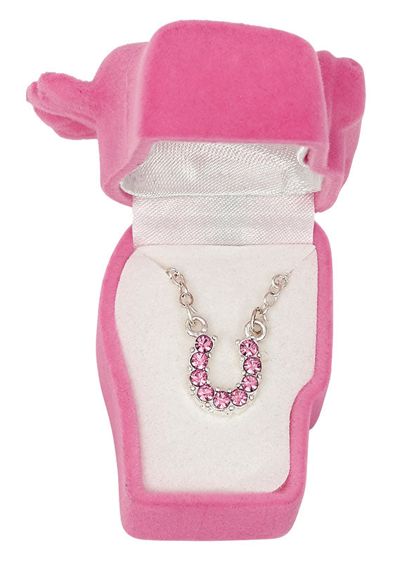 Western Express HN-2 Pink Rhinestone Horseshoe Necklace in a Horsehead Shaped Box