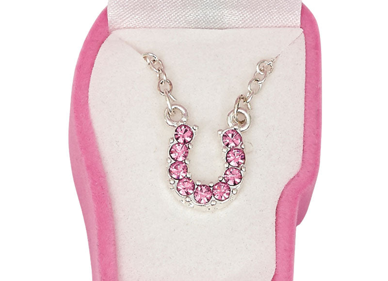 Western Express HN-2 Pink Rhinestone Horseshoe Necklace in a Horsehead Shaped Box