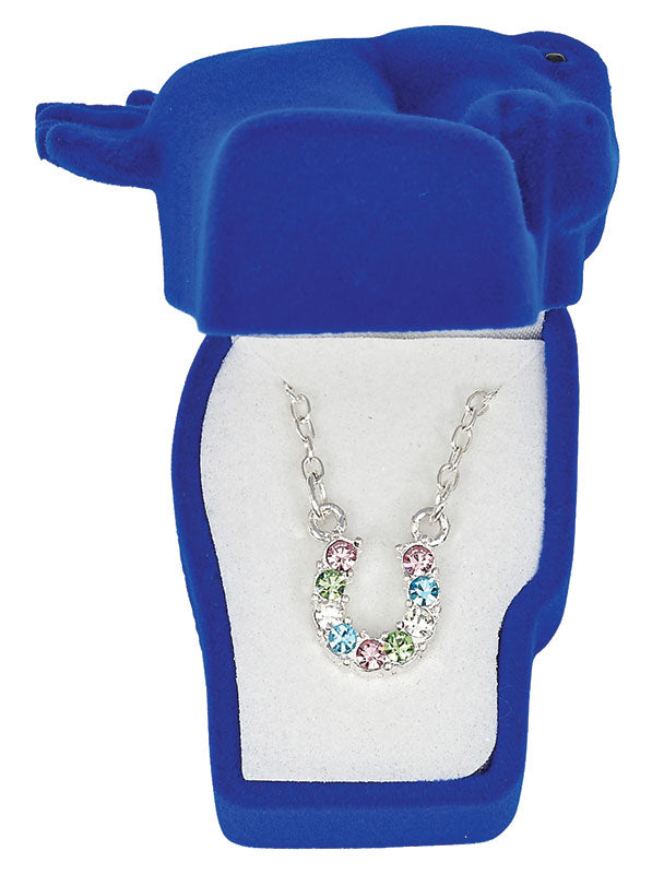 Western Express HN-3 Multi Coloured Rhinestone Horseshoe Necklace in a Horsehead Shaped Box