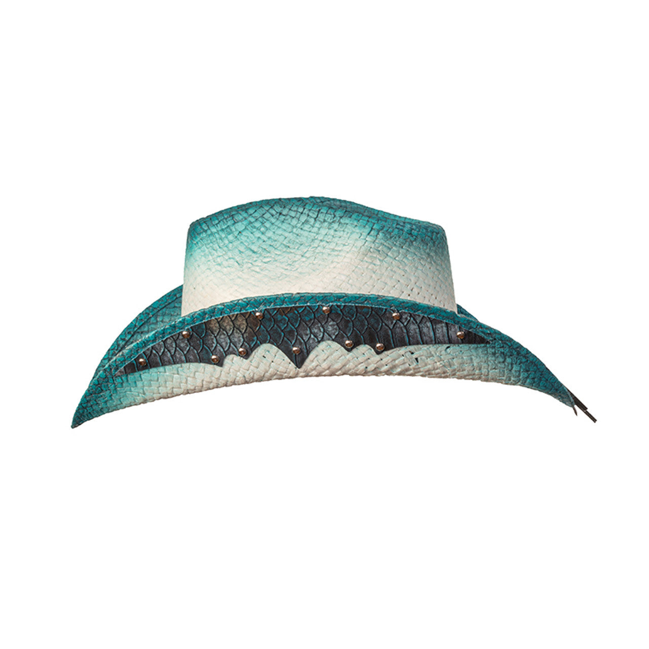 WE LIN-104 Straw Western Pinch Front Hat with Blue Trim, Sunburst Concho Hat Band, & Leather Sides