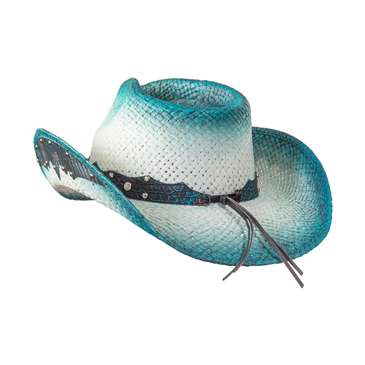 WE LIN-104 Straw Western Pinch Front Hat with Blue Trim, Sunburst Concho Hat Band, & Leather Sides