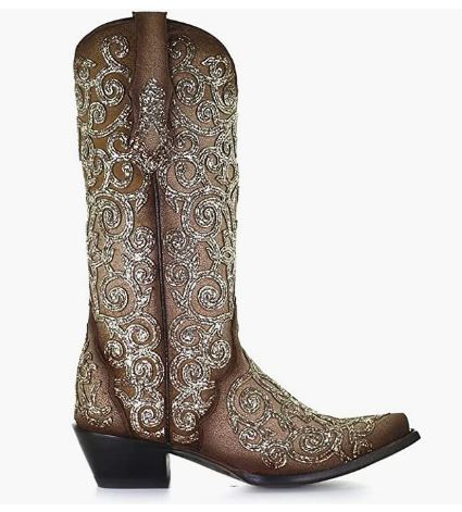 Corral C3763 Women's Bone Lamb Glitter Overlay and Embroidery Cowgirl Boot Snip Toe Natural