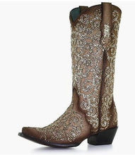 Load image into Gallery viewer, Corral C3763 Women&#39;s Bone Lamb Glitter Overlay and Embroidery Cowgirl Boot Snip Toe Natural

