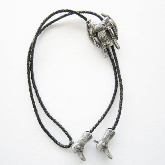 Silver Plated Western Saddle Horseshoe Cowboy Boots Bolo Tie BT006SL