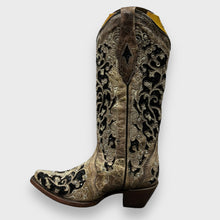 Load image into Gallery viewer, Corral A3569 Black Glitter Inlay Floral Overlay with Crystals and Studs Snip Toe Cowboy Boots
