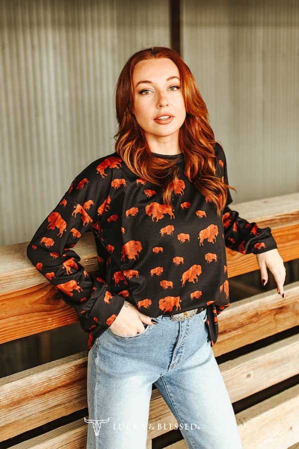 Lucky & Blessed Plus Size Black Buffalo Printed French Terry Top J0287