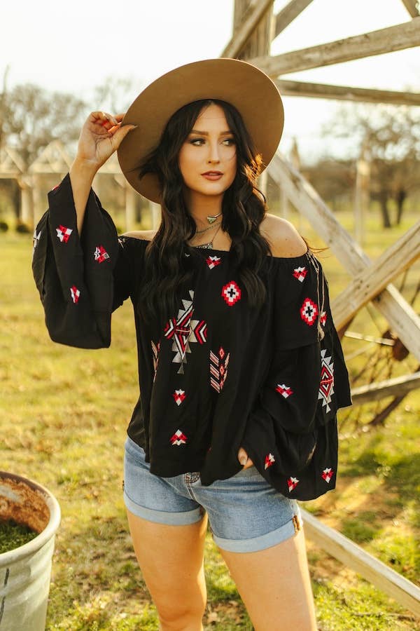 Black Aztec Embroidery Ruffle Sleeve Top: TO204-BLK