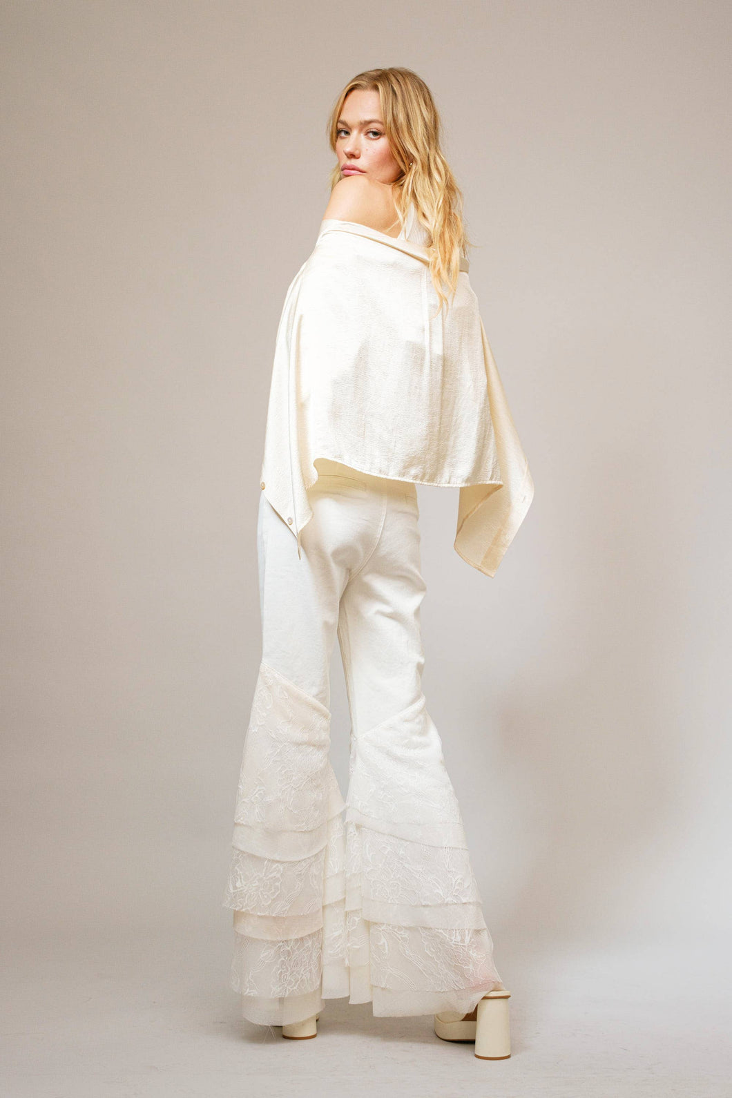 Blue B 15503P - Mid Rise Lace Tiered Flare Denim Jeans: White