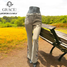 Load image into Gallery viewer, Grace Jeans Floral Embroidery Camel Colour Mid-Rise Flare Jeans ELS772
