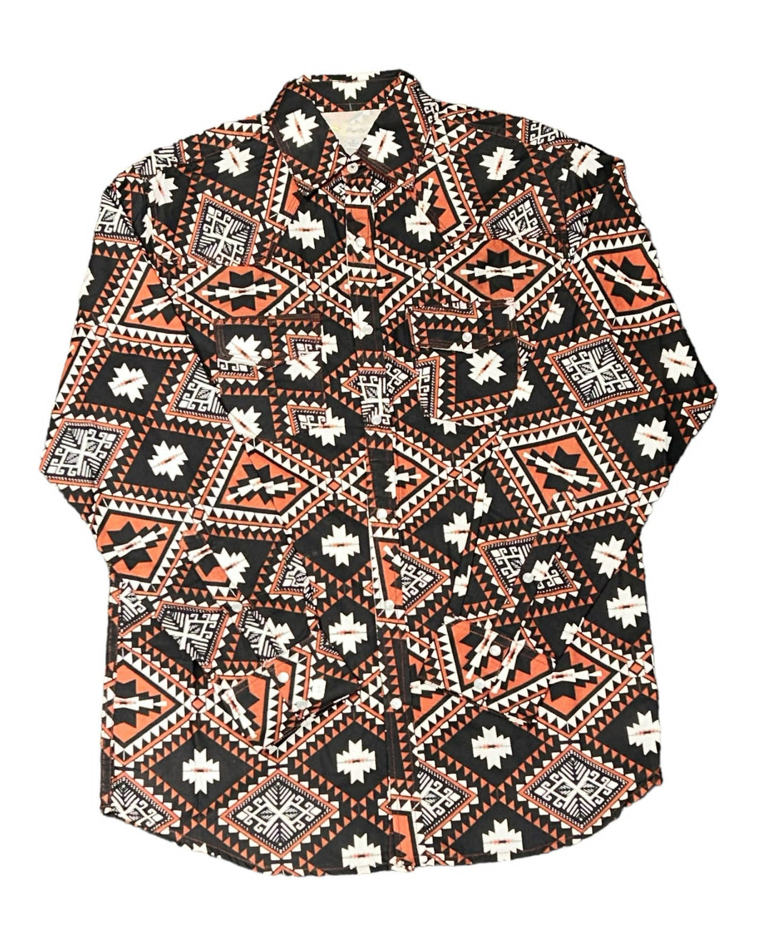 MontanaCo Men's Long Sleeved All Over Aztec in Rust Print Western Snap Shirt M-1105