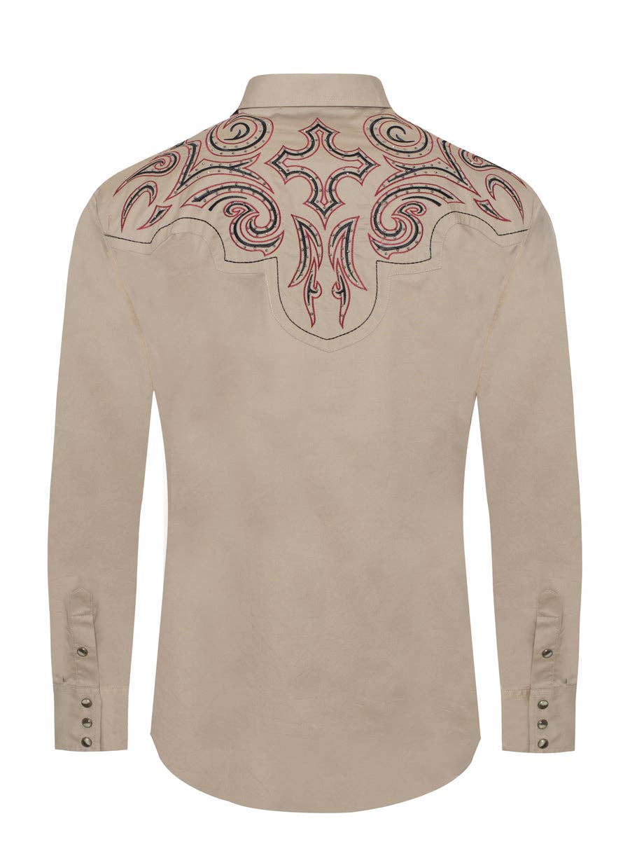 Rodeo Clothing PS500D-1014 Western Cowboy Shirt in Beige with Red & Black