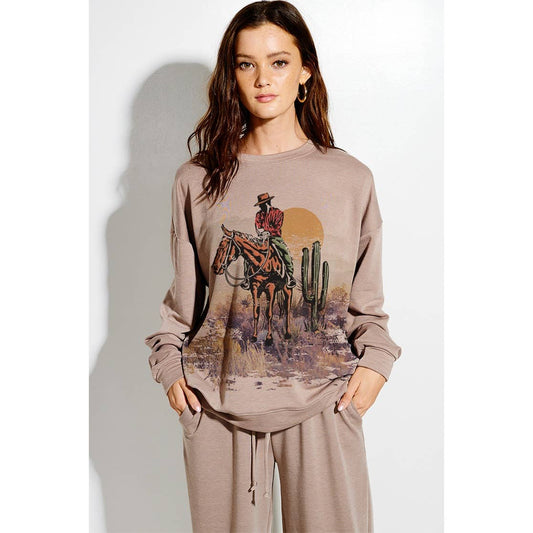 Desert rodeo print soft oversized sweatshirt set in Mocha TB915G10726