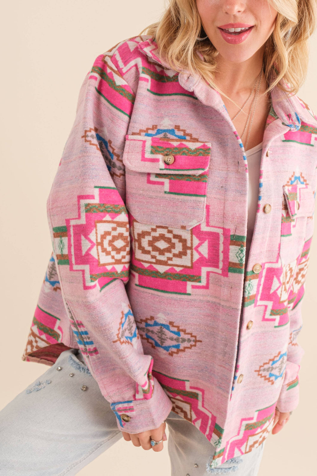 Blue B 33017J - Aztec Chest Pocket Front Loose Shirt Jacket in Pink