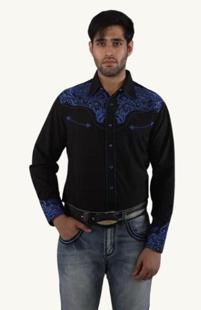 The American West - Baldwin Mens Long Sleeved Embroidered Black with Blue Western Snap Shirt