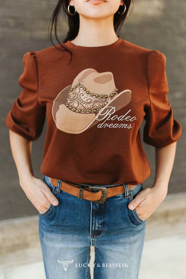 Lucky & Blessed TO1527 BRHA Brown Studded Cowboy Hat Printed Puff Sleeve Top