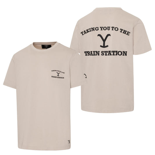 Stars & Stripes Yellowstone Train Station Tee in Beige
