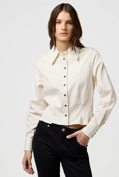 Wrangler Ladies Regular Feme Peplum Shirt in Pinstar White 112370781
