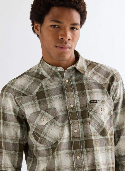 Wrangler Regular Western Shirt in Green Tan 112378078
