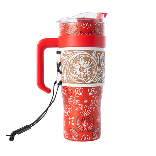 Myra Bandana Tooled Western Tumbler in Red Stainless Steel with Handtooled Leather and Handle for Use: WITH TOOLING