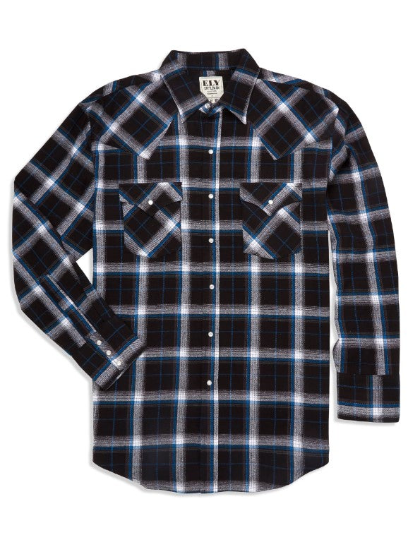 Men's Ely Cattleman Long Sleeve Flannel Plaid Western Snap Shirt 15201026-99 Black
