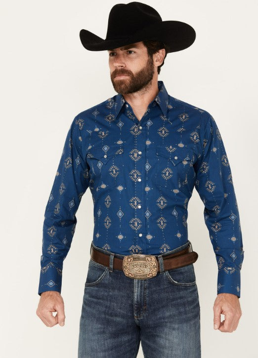 Men's Ely Cattleman Long Sleeve All Over Southwestern Print Western Snap Shirt - Blue 152027089